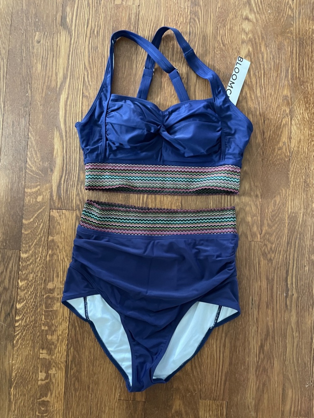 BloomChic Navy Blue High-Waist Bikini Set with Multicolor Zigzag Band